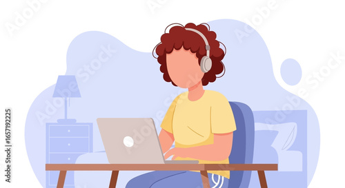 Person with headphones working on a laptop at home, representing remote work, online learning, and modern flexible productivity.