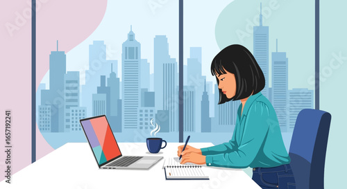 Focused woman writing notes and working on laptop in a modern office with a city skyline view. Ideal for business, productivity, and remote work.