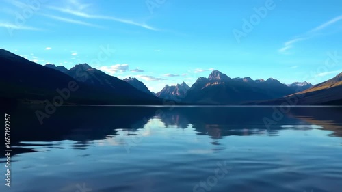 Calm lake reflecting a mountain range under a clear blue sky