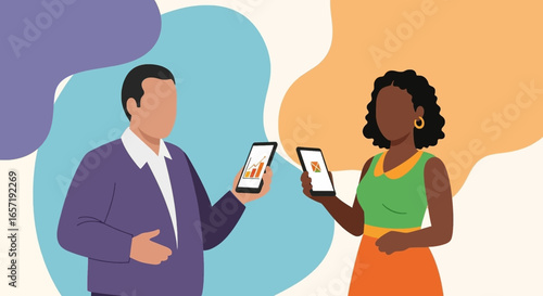 Diverse individuals interact via smartphones, showcasing digital communication, financial data, and modern business transactions. Ideal for technology and finance concepts.