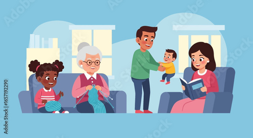 Multi-generational family enjoying a cozy home life with shared activities like knitting, reading, and playing together. Demonstrates joy and togetherness.