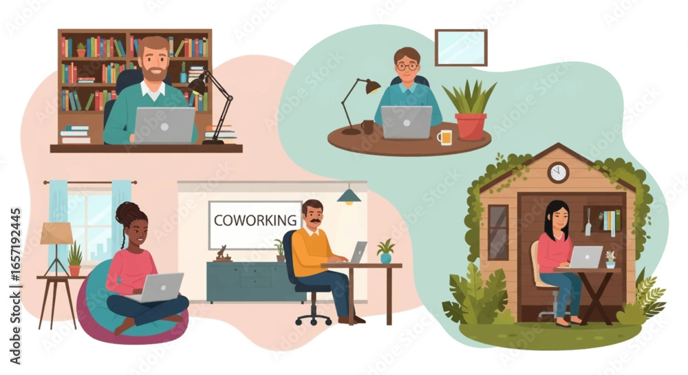 Obraz premium Diverse people working productively from various remote locations like home, coworking spaces, and garden offices, illustrating modern flexible work arrangements and productivity.