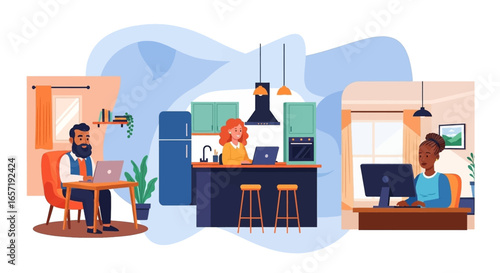 Diverse people working remotely from home, illustrating modern flexible work environments. Ideal for concepts of productivity, digital nomadism, and work-life balance.