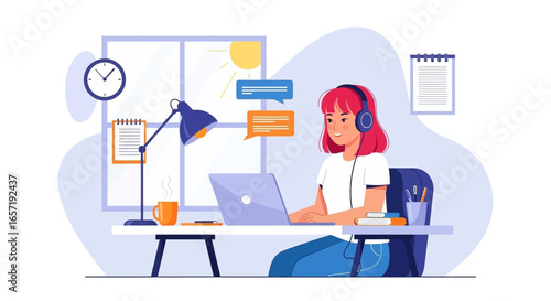 Young woman with headphones working remotely on her laptop from a bright home office. Ideal for concepts of online learning, virtual communication, or freelance work.