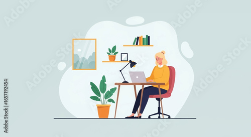 Happy woman works remotely on laptop at her modern home office desk. Ideal for concepts of freelance work, online education, or distant work productivity.