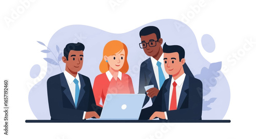 Diverse business team collaborating around a laptop, fostering innovation and successful professional discussion in a corporate setting.
