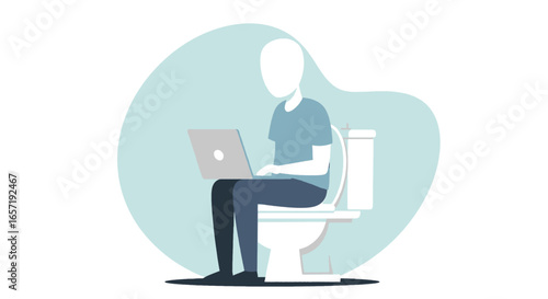 Illustration of a person using a laptop on the toilet, symbolizing digital addiction, multitasking, and the blurred lines of modern remote work lifestyle.