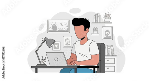 A person works productively on a laptop from a comfortable home office, ideal for remote work, online learning, or digital business concepts.