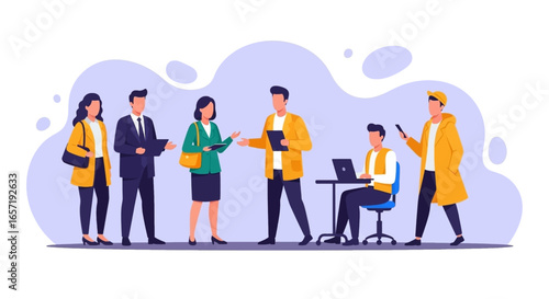 Diverse professionals collaborating and working in a modern business environment, showcasing teamwork, communication, and productivity. Ideal for corporate and technology concepts.