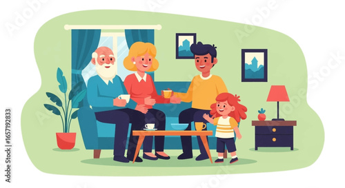 A happy multi-generational family spends quality time together at home, fostering connections. Ideal for themes of family bonding, support, lifestyle, and domestic happiness.