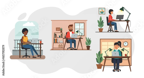 Diverse people working remotely from their home offices, illustrating modern work flexibility, productivity, and comfortable lifestyle. Suitable for business, technology, or lifestyle concepts.