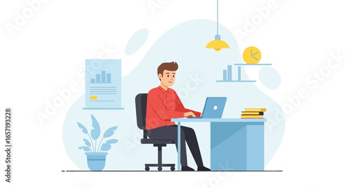 Man working on a laptop at a desk in a modern office setting. Ideal for remote work, business, online learning, and productivity concepts.