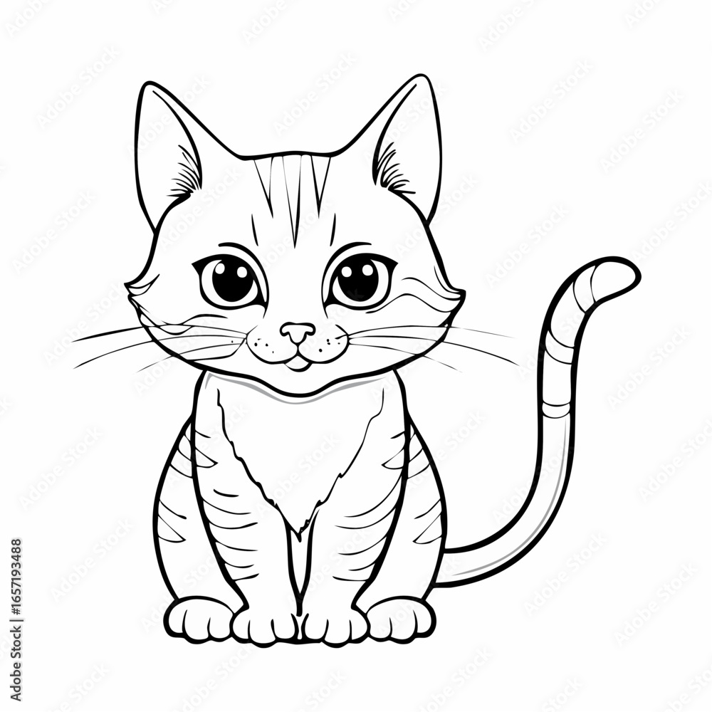 Obraz premium A charming and adorable cartoon-style vector illustration of a delightful sitting tabby kitten, perfect for children's designs or a lovely coloring page.