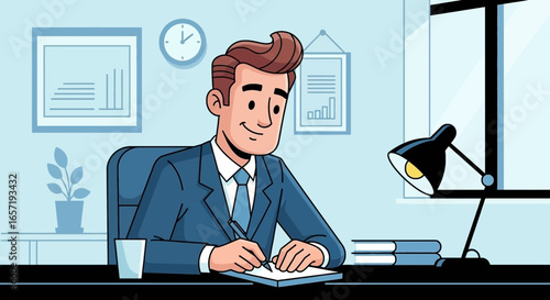 Smiling businessman diligently working at his desk, writing notes in an office. Represents productivity, success, and professional growth.