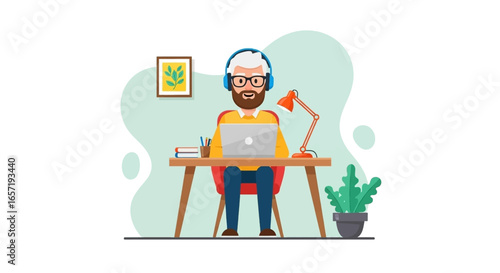 Man with headphones works on laptop at desk. Remote work, online learning, or digital communication concept, perfect for business and lifestyle themes.