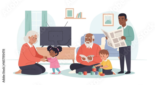 Happy multi-generational family enjoying quality time at home. Grandparents, parents, and children bond, fostering togetherness and domestic bliss.