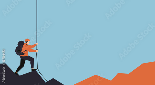 Flat illustration of a determined person ascending a mountain, symbolizing challenge, progress, and achieving goals in business or life.
