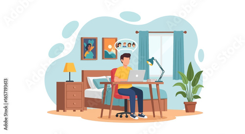 Man telecommuting from home, engaging in a video call on his laptop in a cozy bedroom setup. Represents remote work and modern communication.