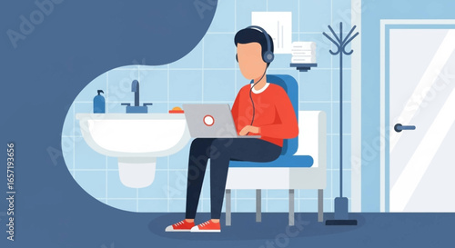 Illustrative depiction of a person working remotely on a laptop in a bathroom, highlighting the challenges and flexibility of modern work from home.