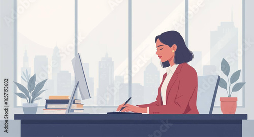 Focused professional woman diligently working at her modern office desk with a city skyline view, embodying productivity and corporate success.