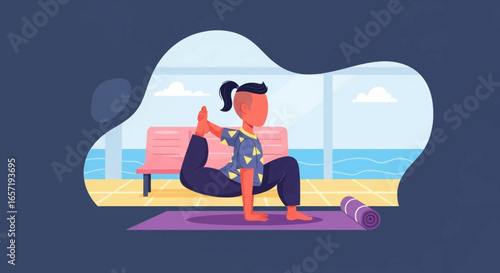 Person practicing yoga in a serene studio with an ocean view, promoting wellness, mindfulness, and healthy lifestyle. Ideal for fitness, travel, or relaxation concepts.