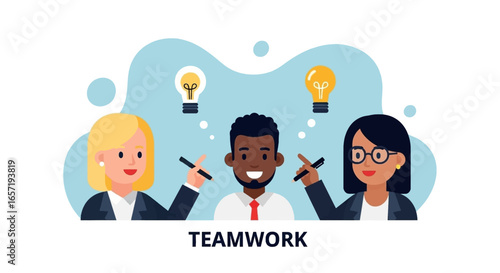 Diverse business team smiling, sharing ideas, and collaborating. Represents effective teamwork, brainstorming, innovation, and successful problem-solving.
