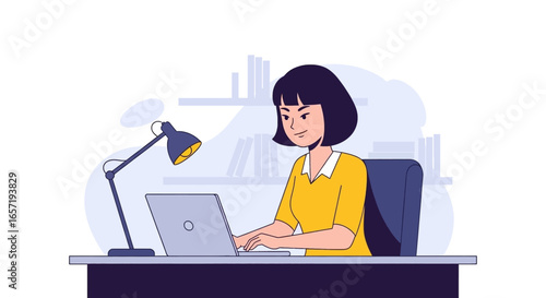 Smiling woman diligently working on laptop at desk with lamp, ideal for business, education, remote work, or productivity concepts.
