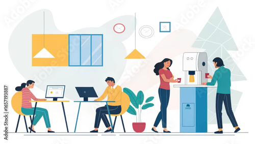 Diverse team members working and taking a coffee break in a modern, dynamic office environment, illustrating collaboration and productivity.