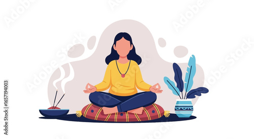 Person meditating peacefully in lotus pose, surrounded by calming incense smoke and a potted plant. Ideal for mindfulness, relaxation, and wellness concepts.