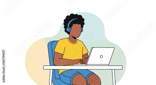 Modern illustration of a young person wearing headphones, engaged with a laptop. Perfect for remote work, online learning, or digital content creation.