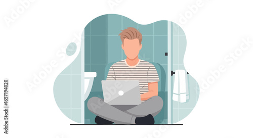 Young man working on a laptop from his bathroom, highlighting remote work flexibility, unconventional home office setups, and modern productivity.