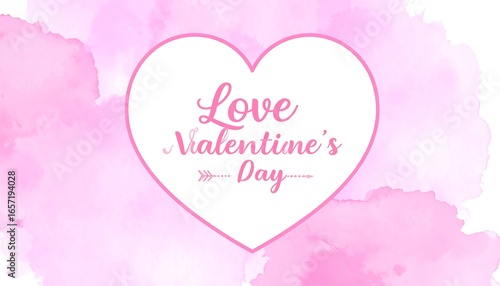 Pink watercolor background with a heart shape and valentine's day text.