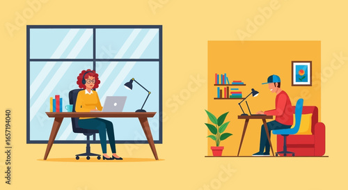 Two individuals working remotely from home offices, illustrating modern flexible work environments and digital business operations.