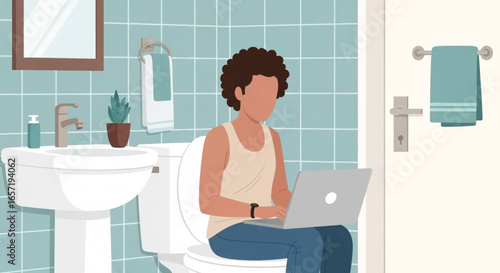 Person using laptop on toilet in bathroom. Illustrates remote work, multitasking, and informal office spaces. Concepts of productivity and work-life balance.