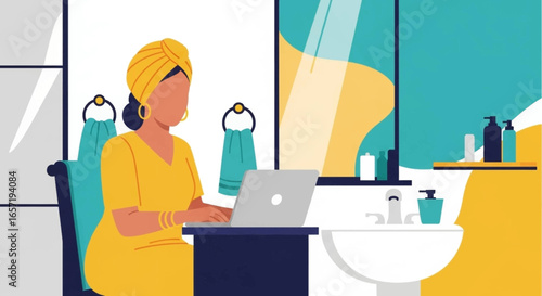 Woman in a head wrap works remotely on her laptop from a modern home bathroom, depicting a flexible lifestyle and digital convenience.