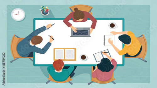 Overhead view of a diverse team collaborating around a conference table in an office, symbolizing teamwork, productivity, and modern business meetings.