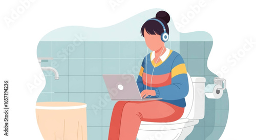 Person working on a laptop while sitting on a toilet, highlighting the blurred lines of remote work and multitasking in modern life.