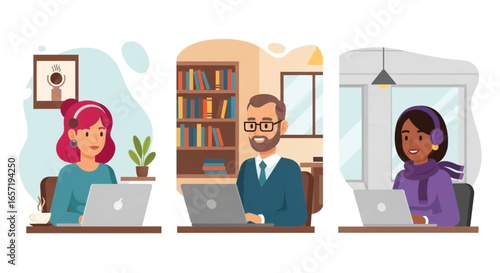 Diverse professionals working remotely on laptops, illustrating online collaboration, flexible work, distance learning, and modern productivity.