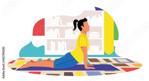 Person in cobra yoga pose on a mat at home, promoting health, wellness, and mindful living. Ideal for fitness, lifestyle, or mental well-being content.