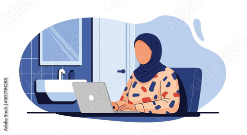 Focused woman in hijab working on a laptop from home. Ideal for concepts of remote work, online education, and modern digital lifestyle.