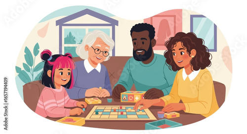 A happy multi-generational family enjoys quality time together at home, playing a board game. Depicts joy, bonding, and shared leisure, ideal for lifestyle and family concepts.