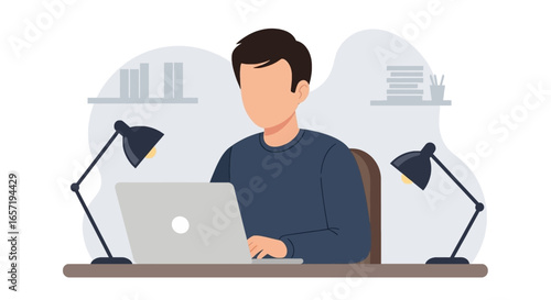 Focused person working diligently on a laptop at a desk, surrounded by office elements. Ideal for remote work, business, or education concepts.
