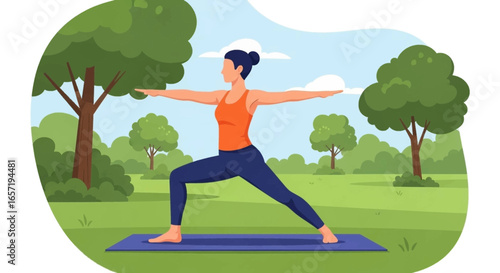 Woman practices yoga outdoors in a serene park, embodying peace, wellness, and a healthy lifestyle. Ideal for fitness, meditation, and well-being concepts.