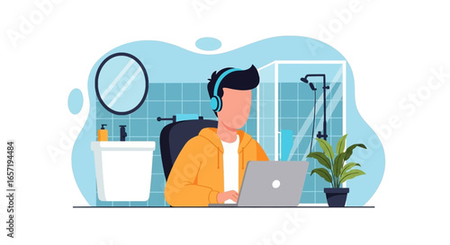 Person in headphones works on laptop in a bathroom, symbolizing flexible remote work, modern lifestyle, and home office challenges.