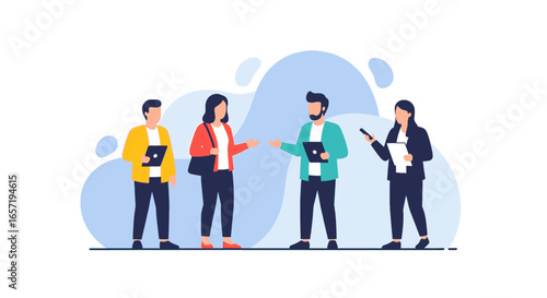 Diverse business team engaging in discussion and collaboration, using digital devices in a modern professional setting. Ideal for corporate, tech, or HR themes.