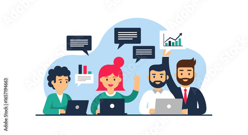 Team of diverse business professionals collaborating at an office meeting, brainstorming ideas and analyzing data for business growth and success.
