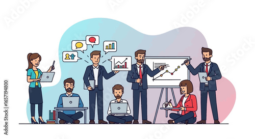 Professional business team collaborating, analyzing data, and developing strategies. Ideal for corporate, teamwork, and consulting themes.