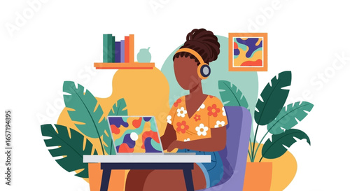 Young woman wearing headphones works on laptop in a vibrant home office, ideal for remote work, online learning, or creative productivity concepts.