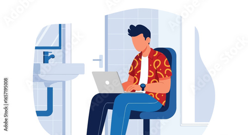Man works on laptop in a bathroom, symbolizing flexible remote work, work-life balance challenges, or unconventional digital nomad lifestyle.