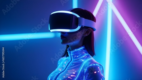 Futuristic African American Woman in XR, MR, AR, VR Metaverse with Neon Pink, Purple, and Blue Lighting